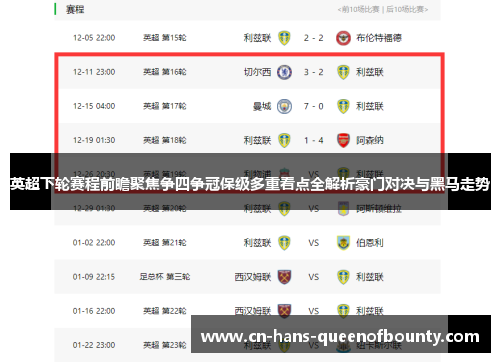 英超下轮赛程前瞻聚焦争四争冠保级多重看点全解析豪门对决与黑马走势