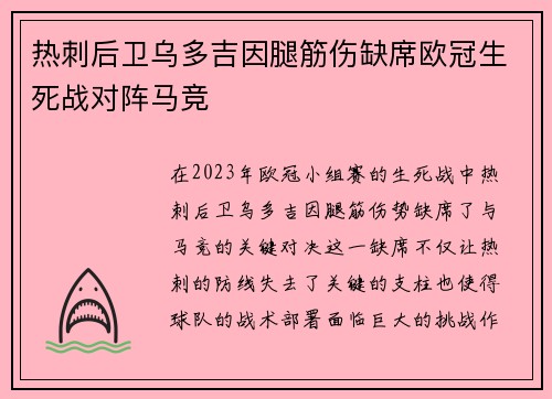 热刺后卫乌多吉因腿筋伤缺席欧冠生死战对阵马竞